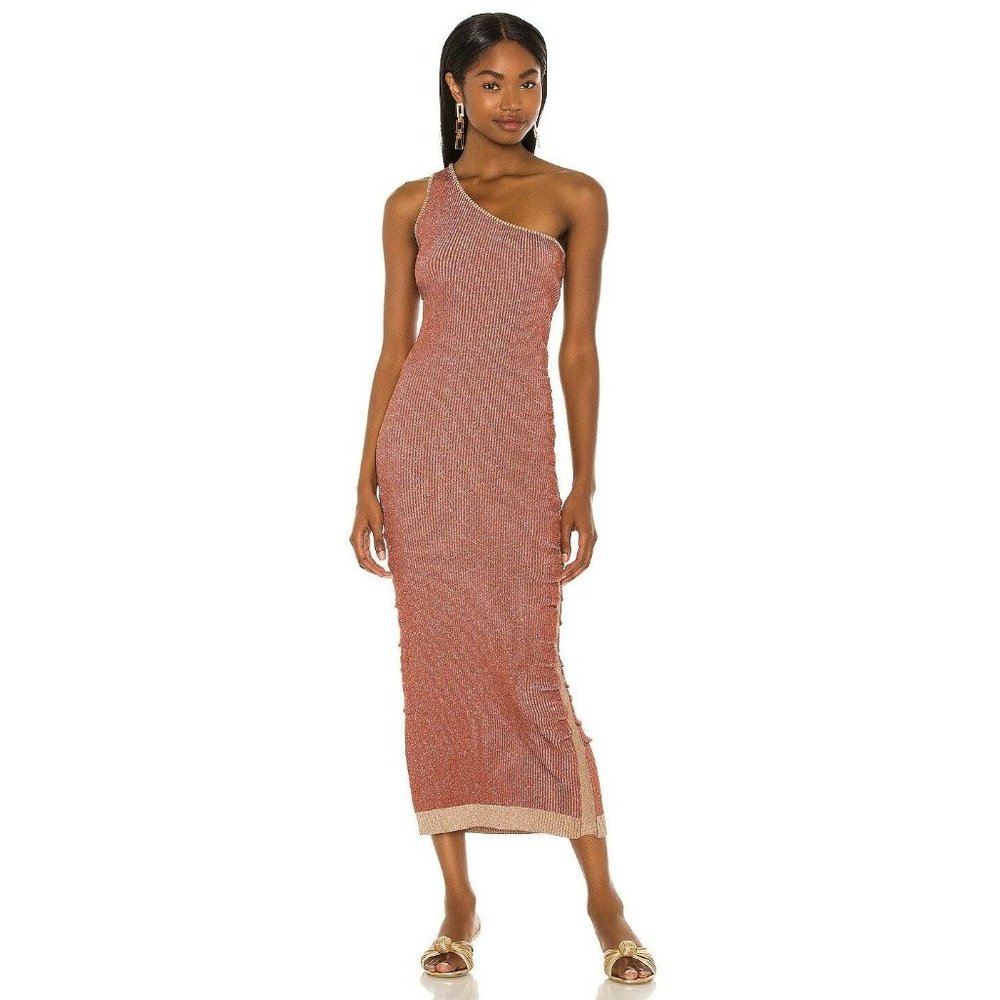 Suboo Leah One Shoulder Dress Rust Brown Lurex Knit Metallic S NWT $300